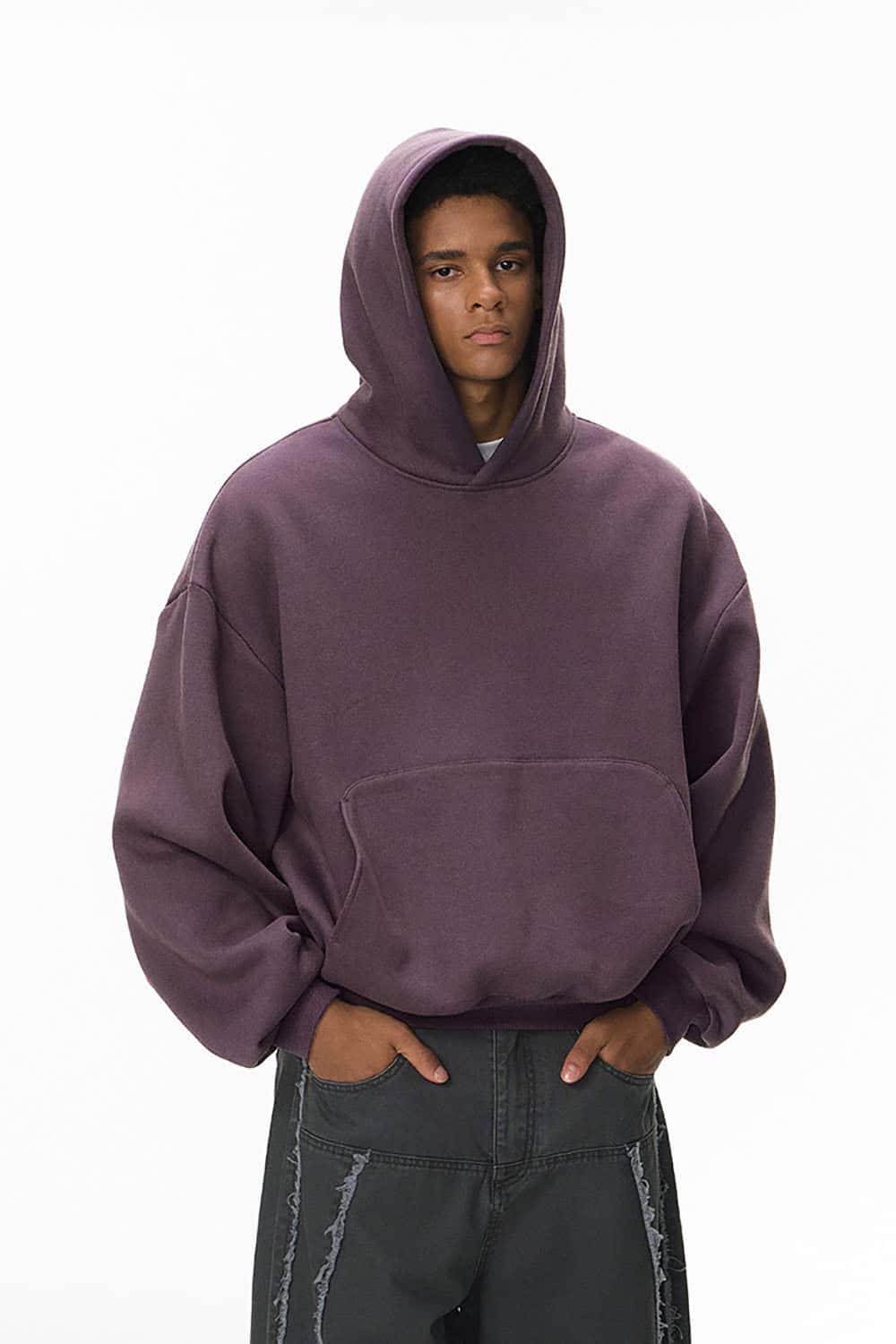 Cropped Plush Hoodie _ Curved Hem Fleece-Lined Eggshell Velvet Sweatshirt