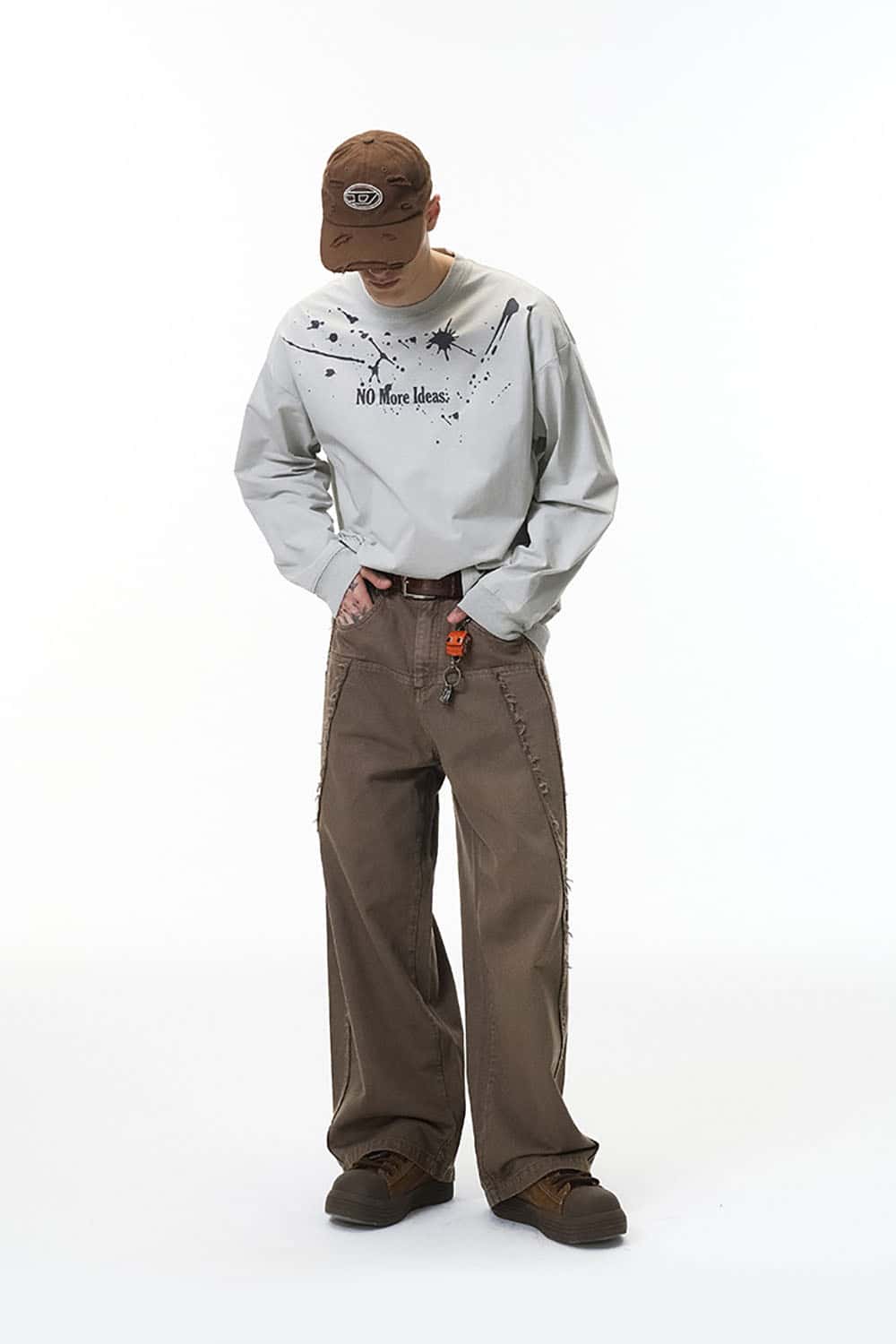 Washed Distressed Workwear Pants _ Raw-Edge Wide-Leg Casual Trousers