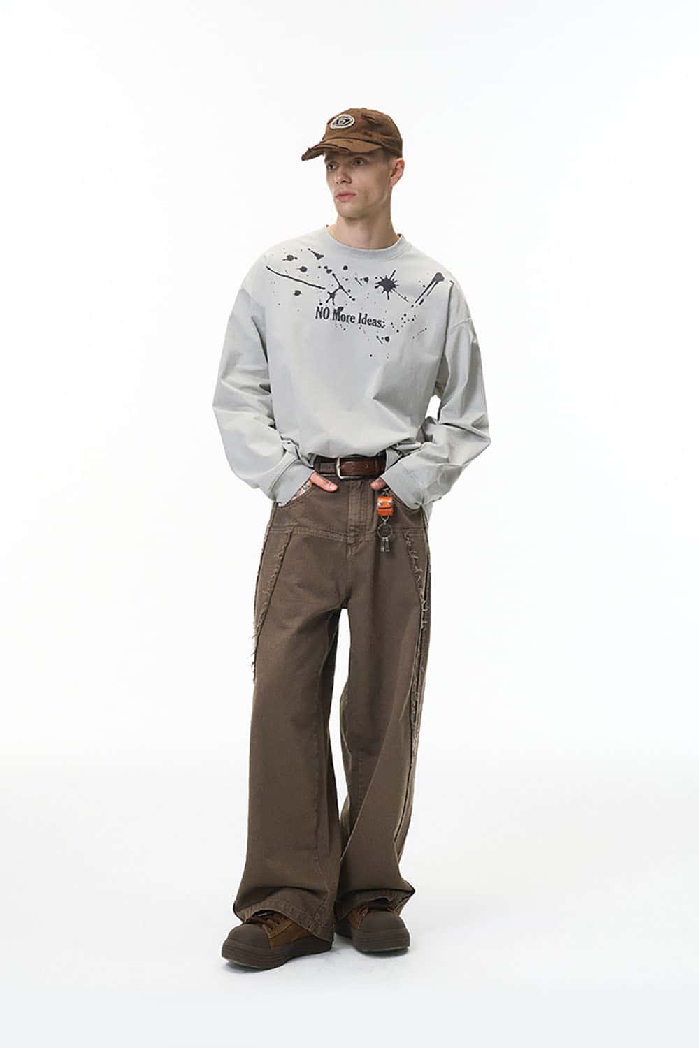 Washed Distressed Workwear Pants _ Raw-Edge Wide-Leg Casual Trousers