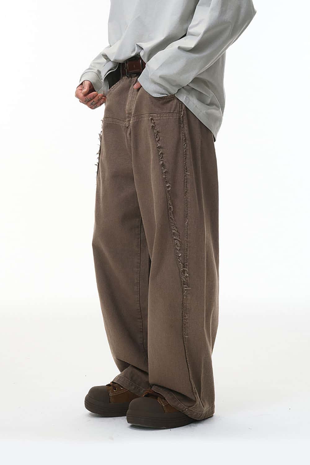 Washed Distressed Workwear Pants _ Raw-Edge Wide-Leg Casual Trousers