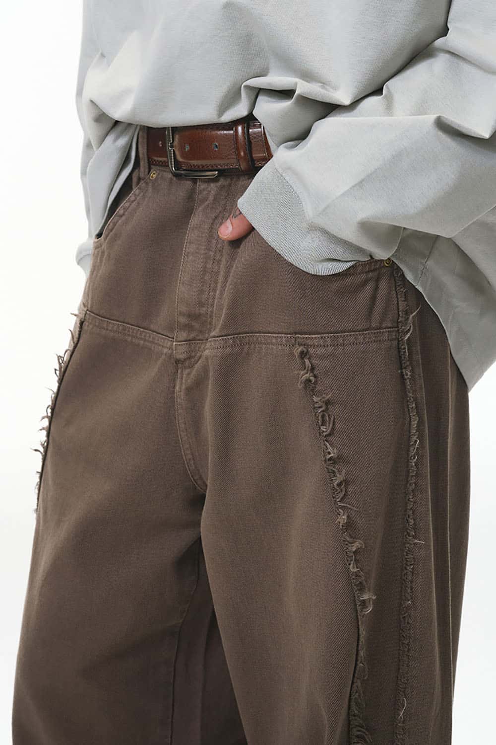 Washed Distressed Workwear Pants _ Raw-Edge Wide-Leg Casual Trousers