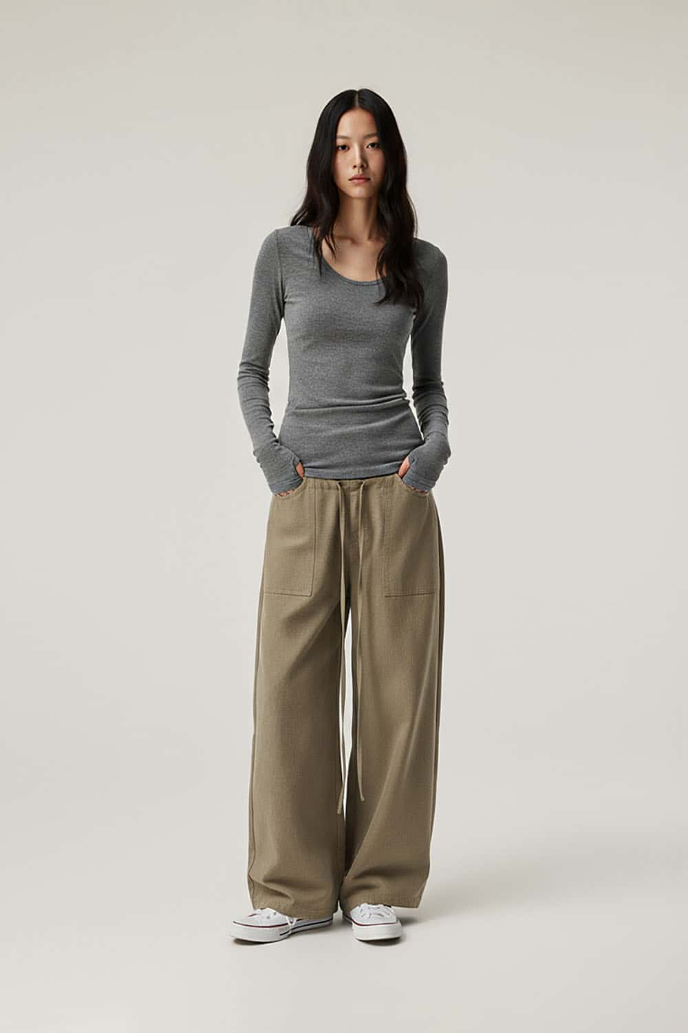 Lyocell Double Waistband Utility Pants _ Relaxed Mid-Rise Wide-Leg Casual Trousers