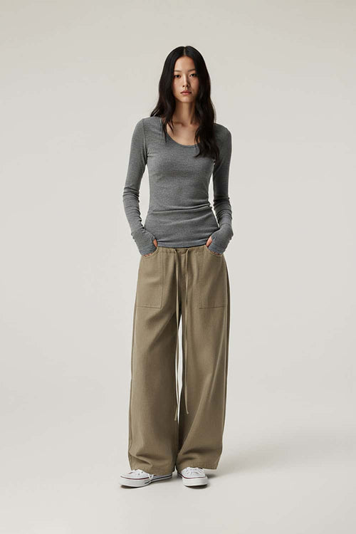 Breathable Lyocell Wide-Leg Cargo Pants - Khaki