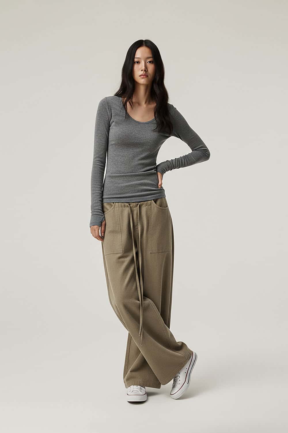 Lyocell Double Waistband Utility Pants _ Relaxed Mid-Rise Wide-Leg Casual Trousers