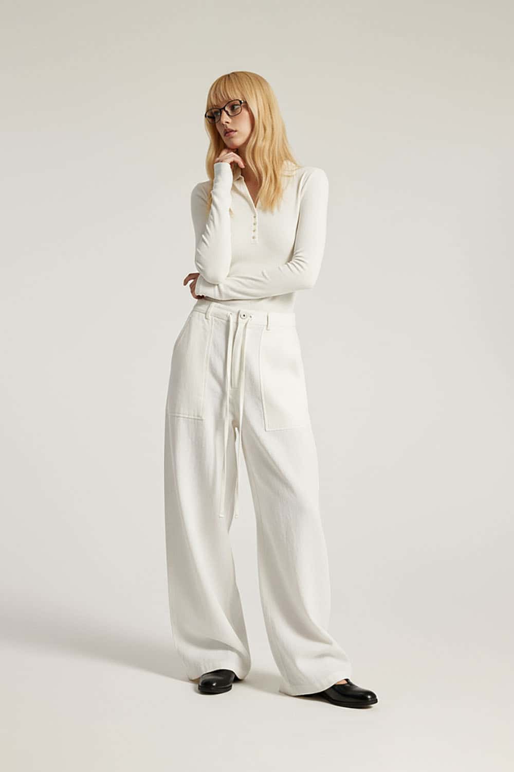 Lyocell Double Waistband Utility Pants _ Relaxed Mid-Rise Wide-Leg Casual Trousers