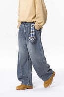 Detachable Bandana Washed Denim Pants - Blue