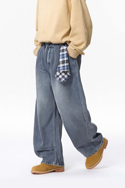 Detachable Bandana Washed Denim Pants - Blue