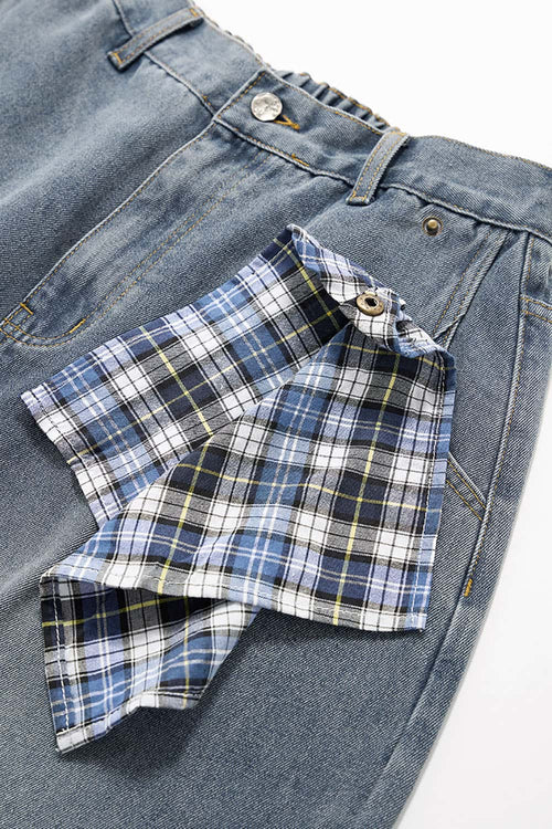 Detachable Bandana Washed Denim Pants - Blue