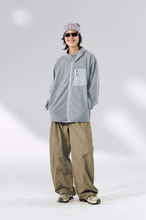 Wave-Textured Stand-Collar Windbreaker - Grayish Blue