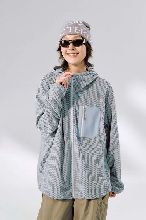 Wave-Textured Stand-Collar Windbreaker - Grayish Blue
