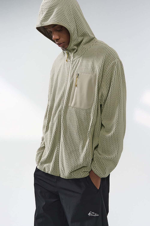 Wave-Textured Stand-Collar Windbreaker - Khaki