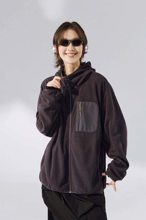 Wave-Textured Stand-Collar Windbreaker - Purple