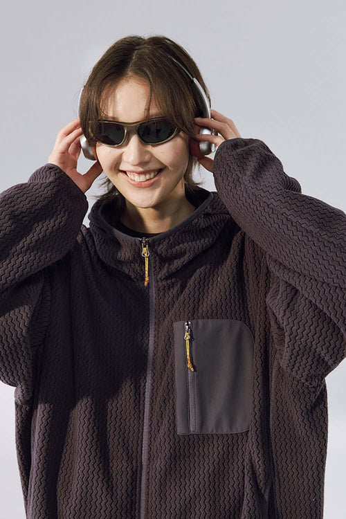 Wave-Textured Stand-Collar Windbreaker - Purple