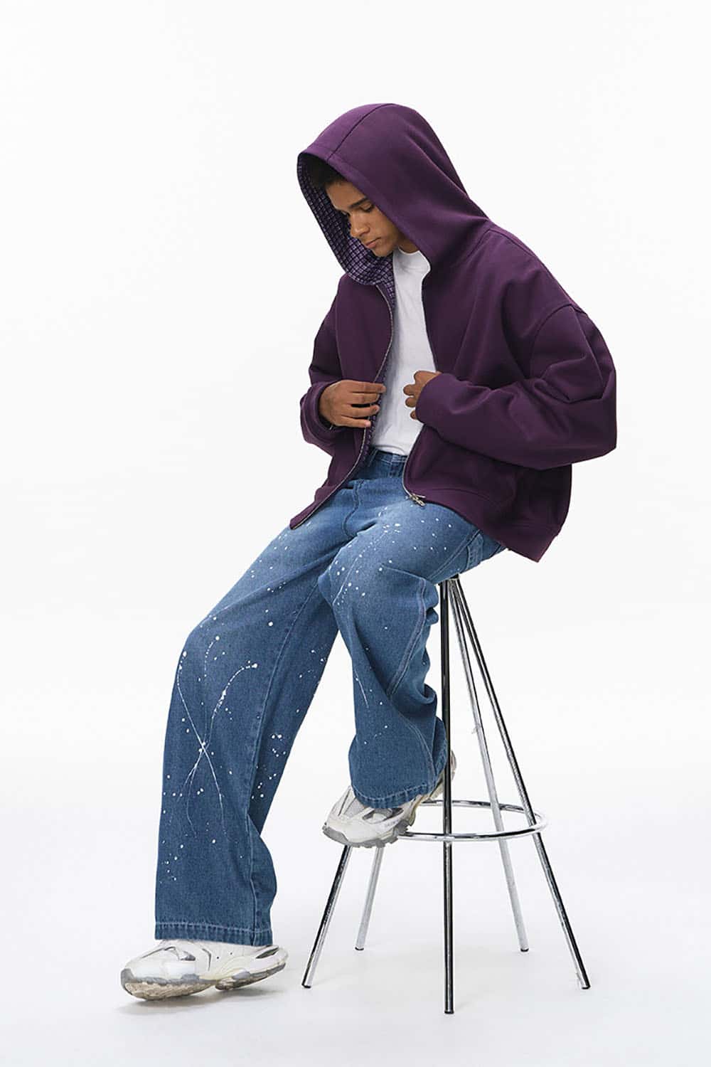 Straight-Leg Splatter-Wash Denim Jeans _ Vintage Lumberjack Style Relaxed Fit