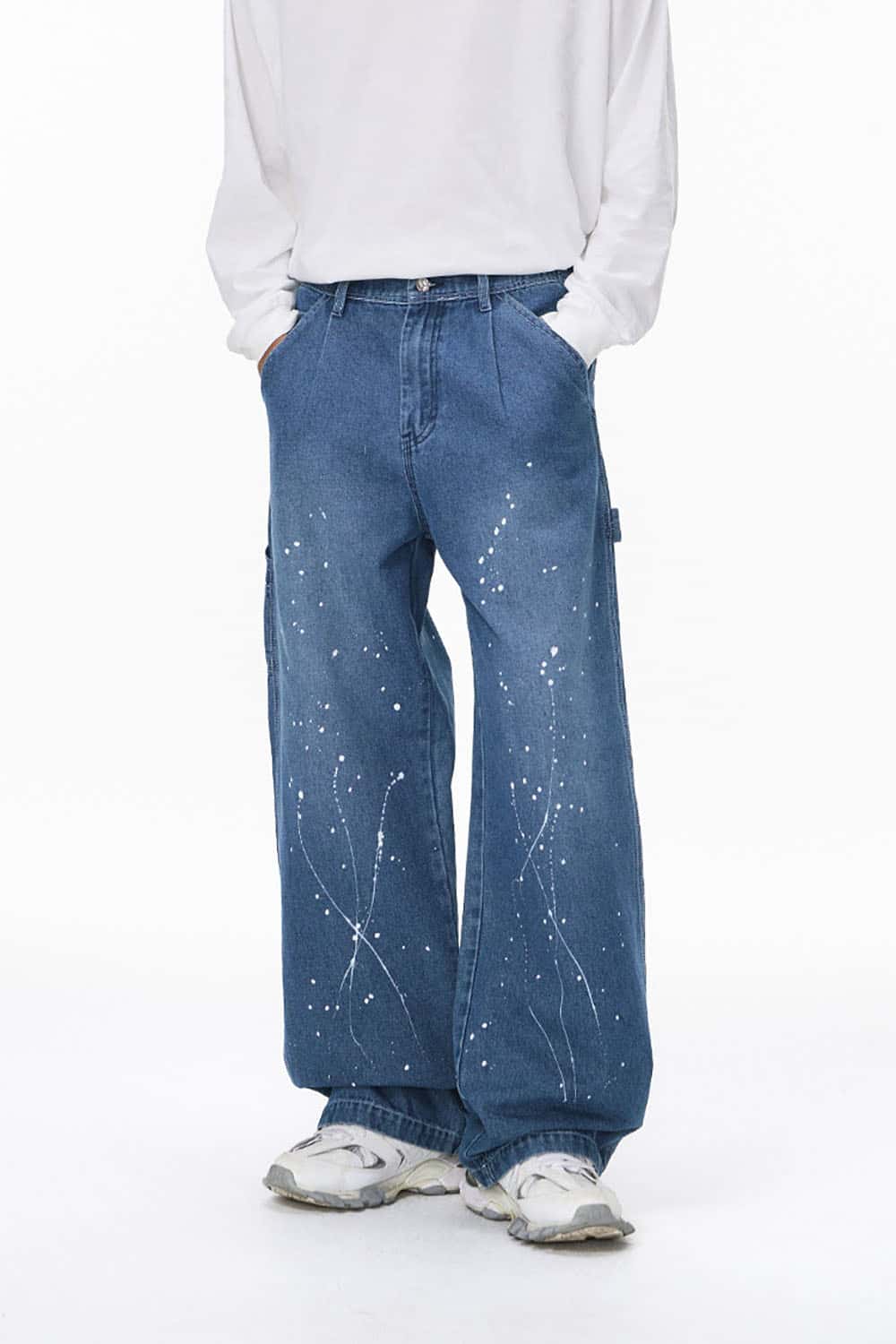 Straight-Leg Splatter-Wash Denim Jeans _ Vintage Lumberjack Style Relaxed Fit