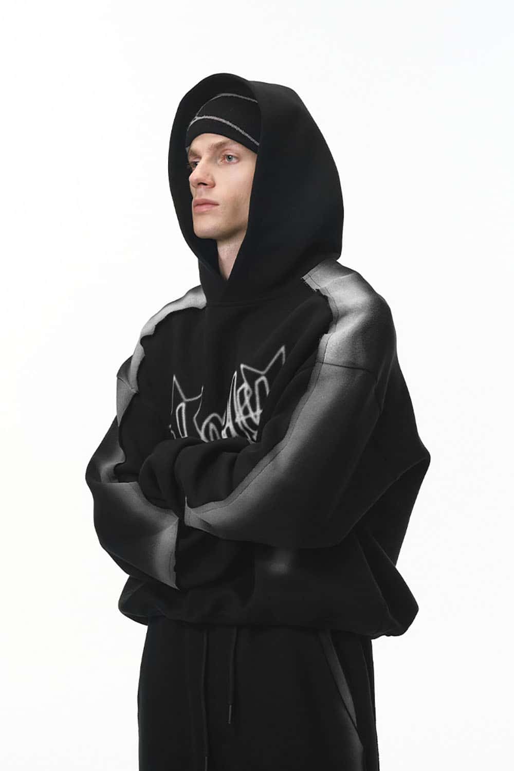 Air-Layer Spray Print Hoodie _ Raw Edge Oversized Hooded Sweatshirt