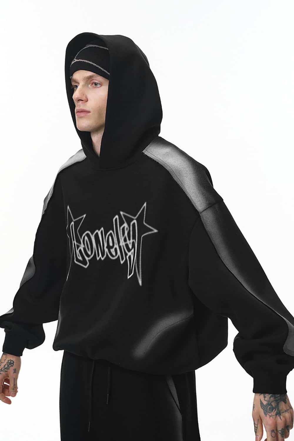 Air-Layer Spray Print Hoodie _ Raw Edge Oversized Hooded Sweatshirt