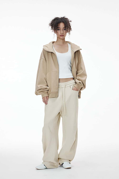 Premium Fleece Pleated Curved Sweatpants - Beige Gray