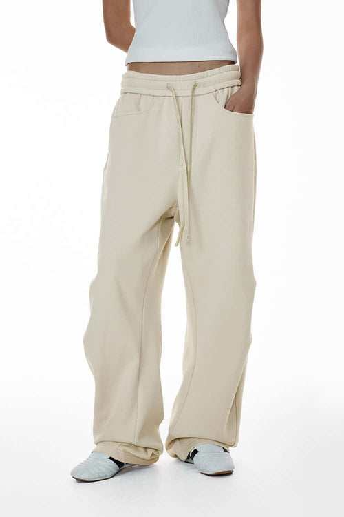 Premium Fleece Pleated Curved Sweatpants - Beige Gray