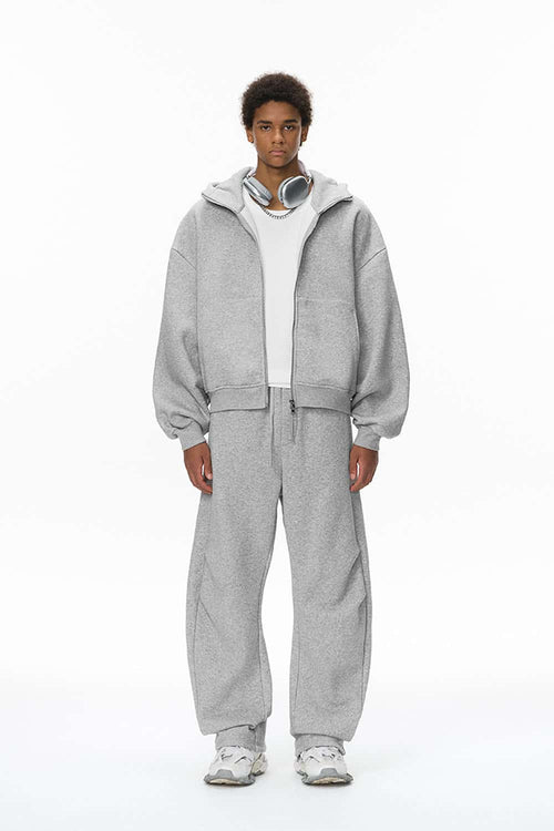 Premium Fleece Pleated Curved Sweatpants - Flower Gray