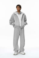 Premium Fleece Pleated Curved Sweatpants - Flower Gray