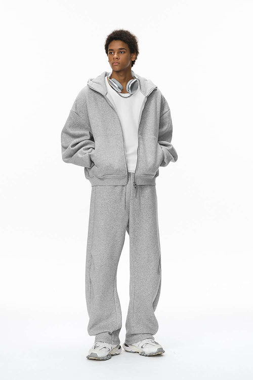 Premium Fleece Pleated Curved Sweatpants - Flower Gray
