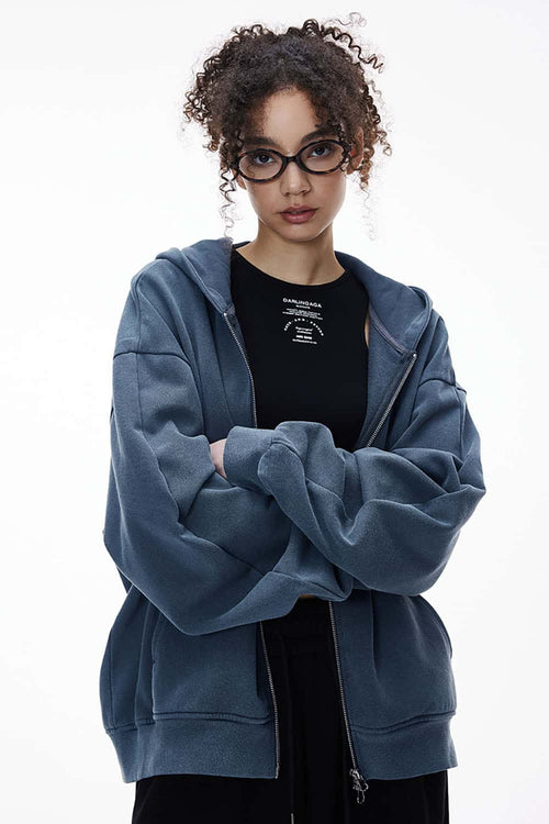 Dragon Scale Washed Cropped Zip Hoodie - Baby Blue