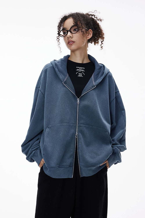 Dragon Scale Washed Cropped Zip Hoodie - Baby Blue