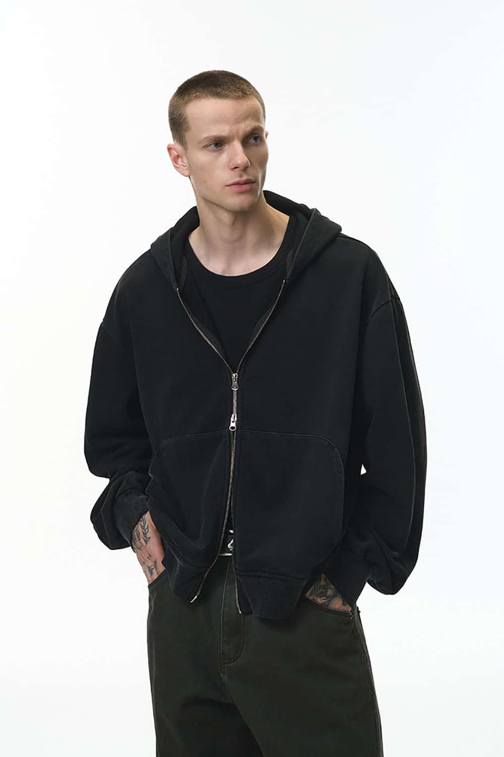 Vintage Washed Boxy Zip Hoodie _ Dragon Scale Texture Cropped Sweatshirt Jacket