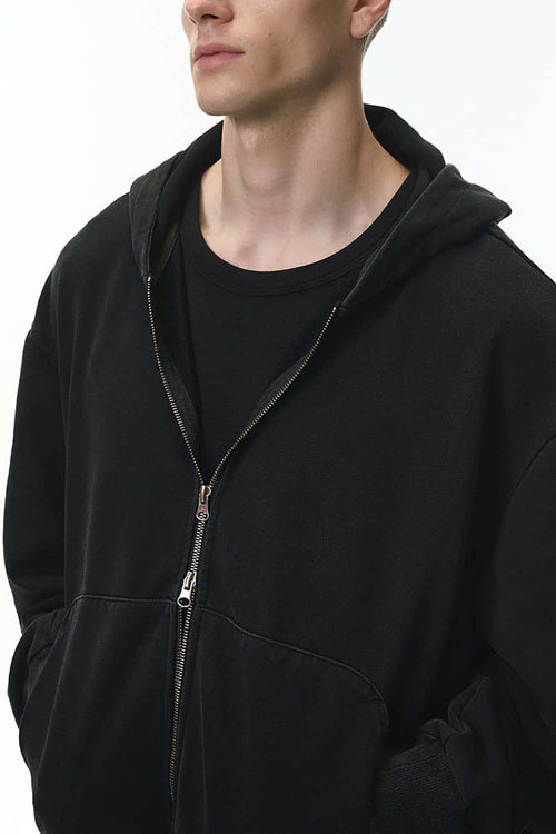Dragon Scale Washed Cropped Zip Hoodie - Black