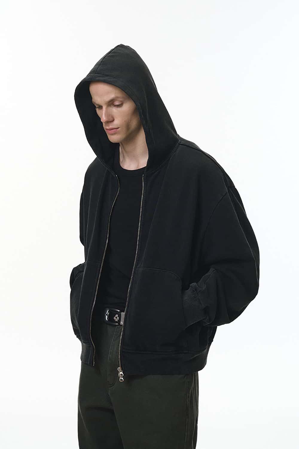 Vintage Washed Boxy Zip Hoodie _ Dragon Scale Texture Cropped Sweatshirt Jacket