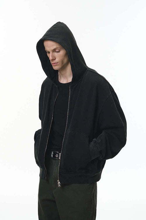 Dragon Scale Washed Cropped Zip Hoodie - Black