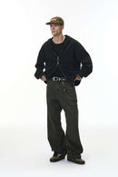 Dragon Scale Washed Cropped Zip Hoodie - Black