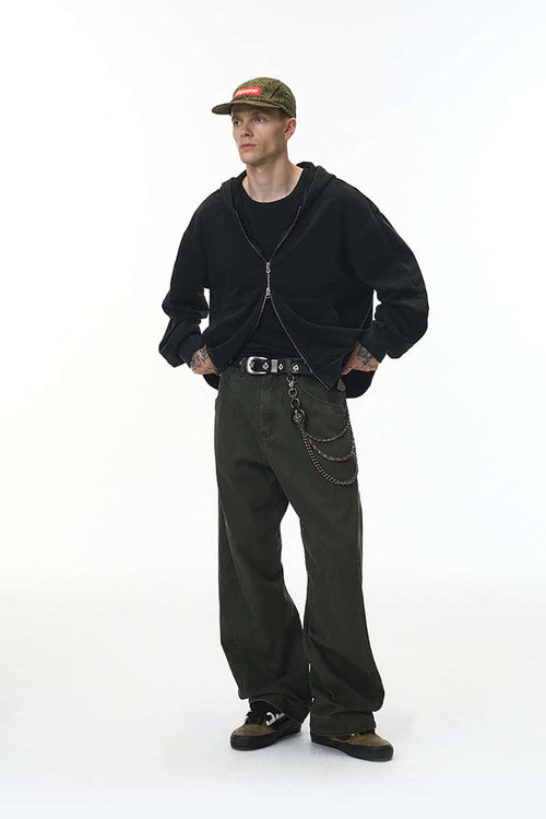 Dragon Scale Washed Cropped Zip Hoodie - Black