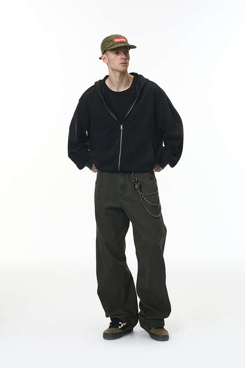 Dragon Scale Washed Cropped Zip Hoodie - Black