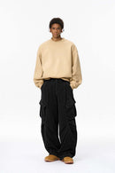 Pleated Wide-Leg Cargo Pants - Black