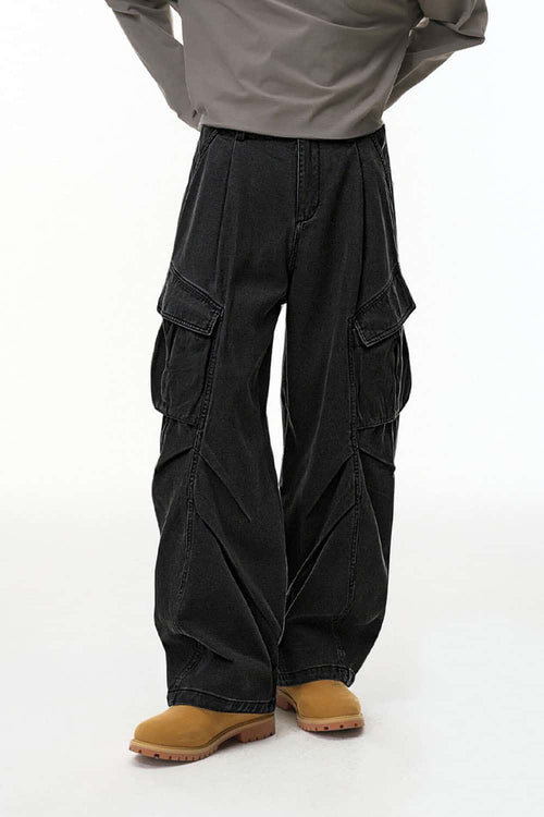 Pleated Wide-Leg Cargo Pants - Black