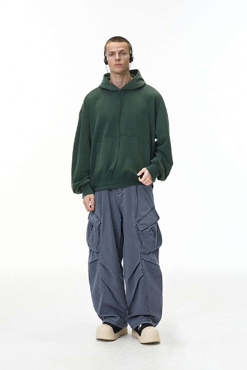 Pleated Wide-Leg Cargo Pants - Blue
