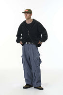 Pleated Wide-Leg Cargo Pants - Blue