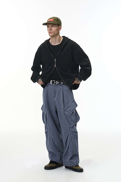 Pleated Wide-Leg Cargo Pants - Blue