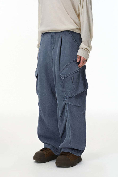 Pleated Wide-Leg Cargo Pants - Blue