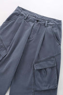 Pleated Wide-Leg Cargo Pants - Blue