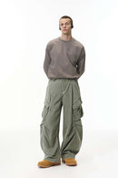 Pleated Wide-Leg Cargo Pants - Khaki