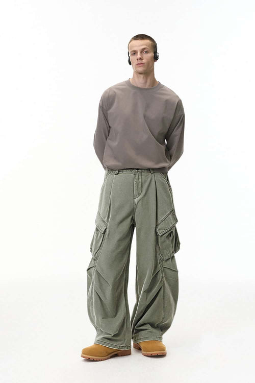 Pleated Wide-Leg Cargo Pants - Khaki
