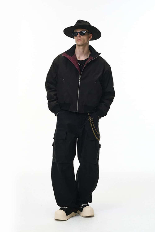 Deconstructed Mock Neck Bomber Jacket - Black