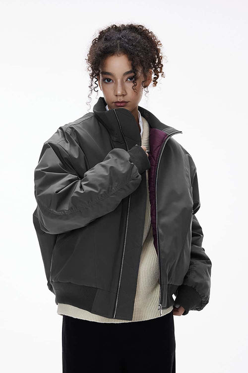 Deconstructed Mock Neck Bomber Jacket - Dark Gray