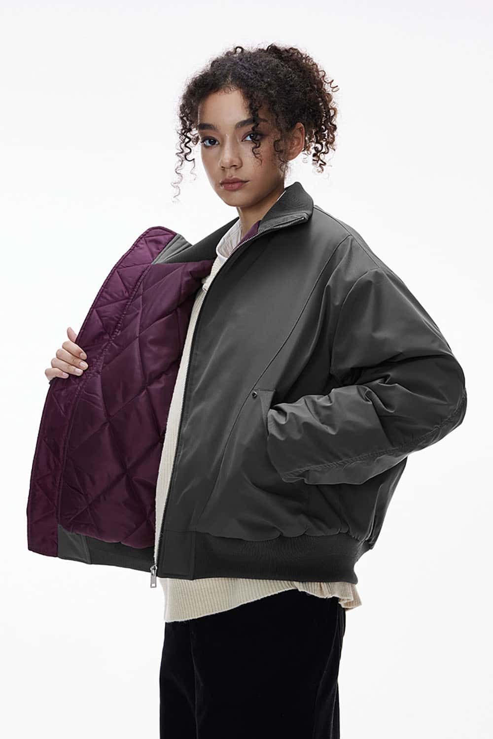 Stand Collar Bomber Jacket _ Cleanfit Deconstructed Quilted Padded Outerwear