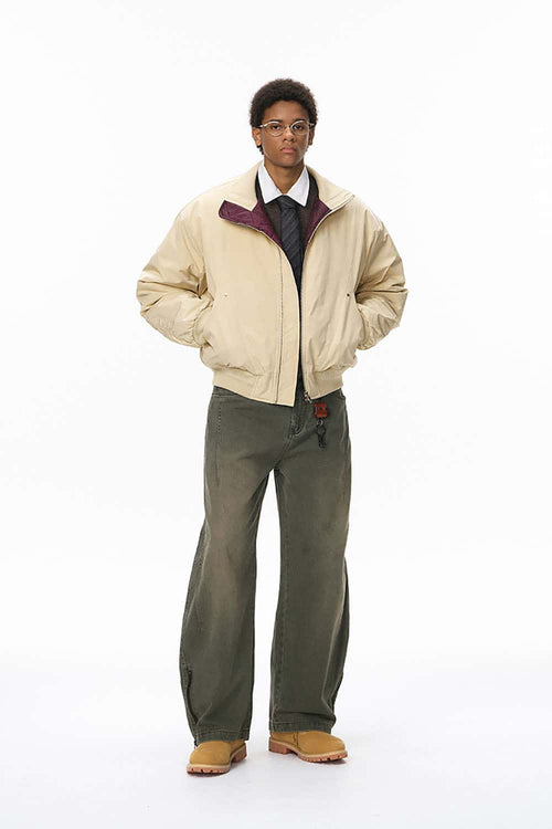 Deconstructed Mock Neck Bomber Jacket - Light Khaki