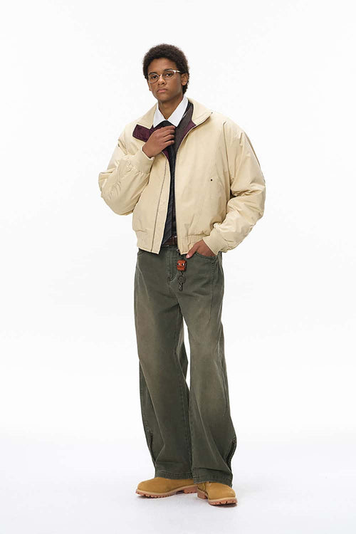 Deconstructed Mock Neck Bomber Jacket - Light Khaki