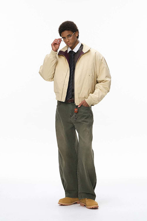 Deconstructed Mock Neck Bomber Jacket - Light Khaki